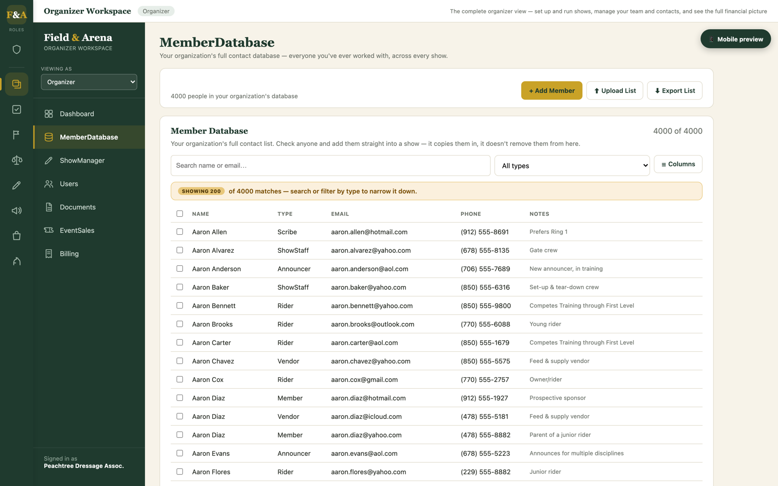 Member database showing thousands of searchable organization contacts