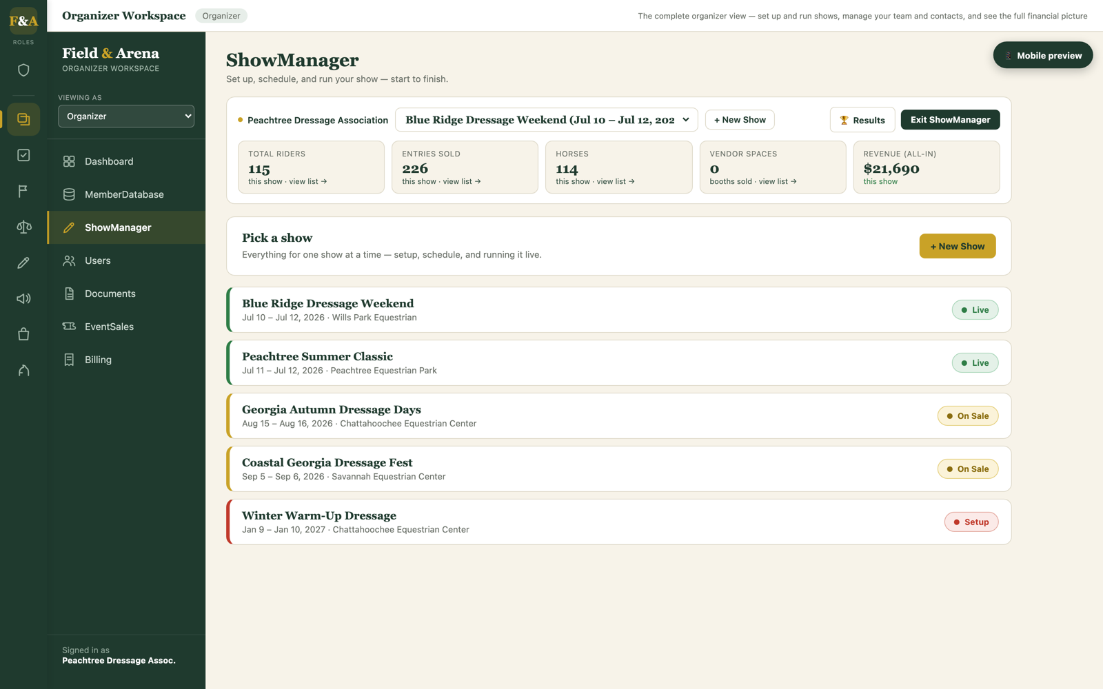 ShowManager list of shows with live status indicators